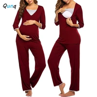 qunq maternity pajamas clothing long sleeve breastfeeding shirts pant 2pcs pregnancy nursing sleepwear spring fall women suits
