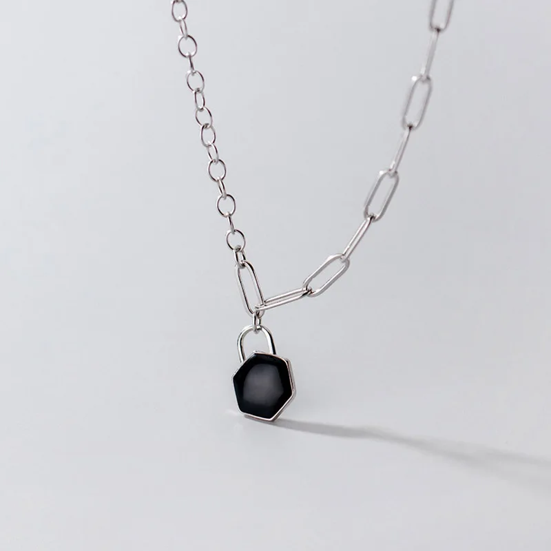 

Trustdavis Real 925 Sterling Silver Fashion Hexagon Black Lock Asymmetric Chain Necklace For Women Valentine's Day Jewelry DB241