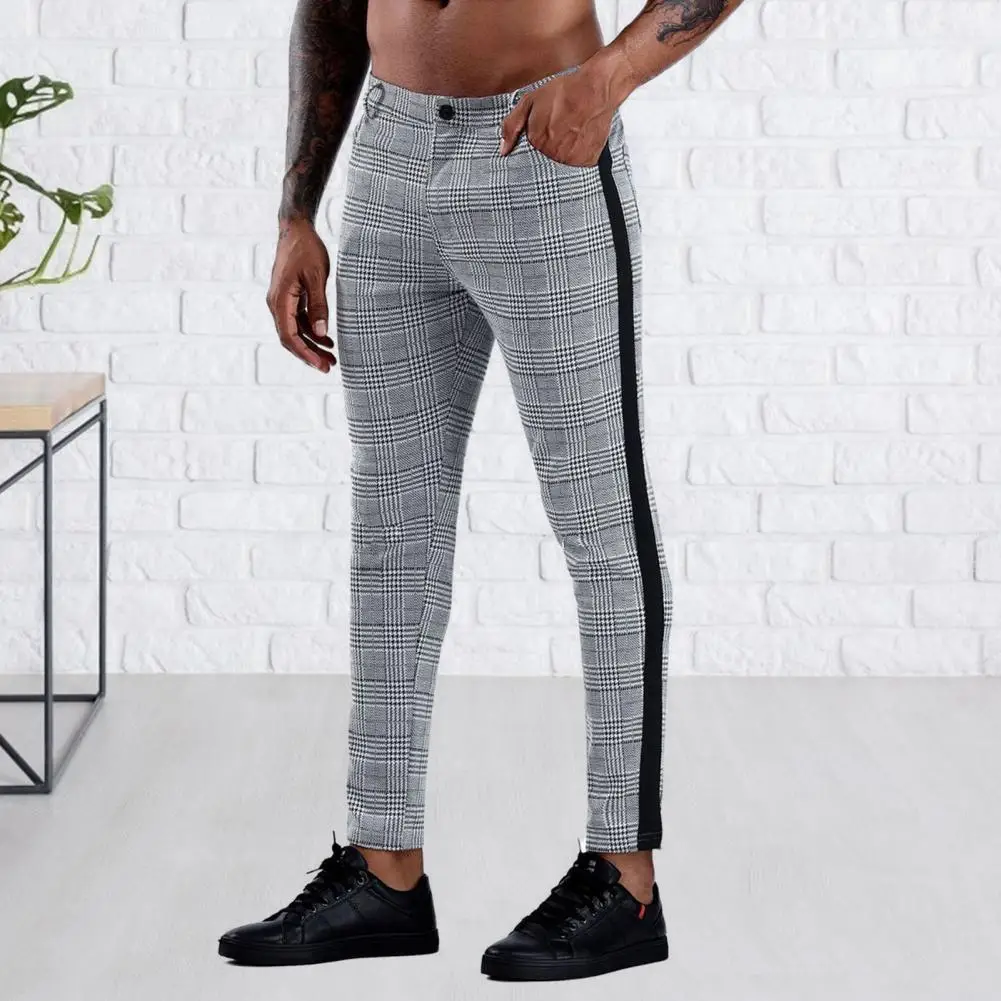 

Men Pant Plaid Pattern Breathable Polyester Elastic Male Skinny Trousers for Work Joggers Streetwear Pencil Pants for Men Pants