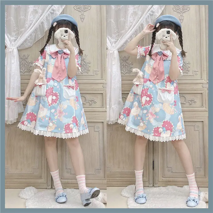

Sweet Japanese Lolita Duck Picnic Kindergarten Printing Kawaii Style op Dress Lolita Daily Dresses Party Costumes