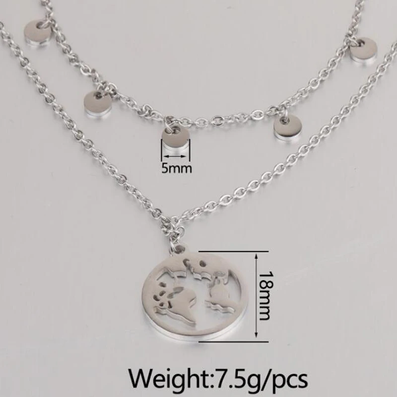 

Floating World Map Double Layer Necklaces Stainless Steel Mirror Polished Wholesale Jewelry Pendant Necklaces 5pcs/lot