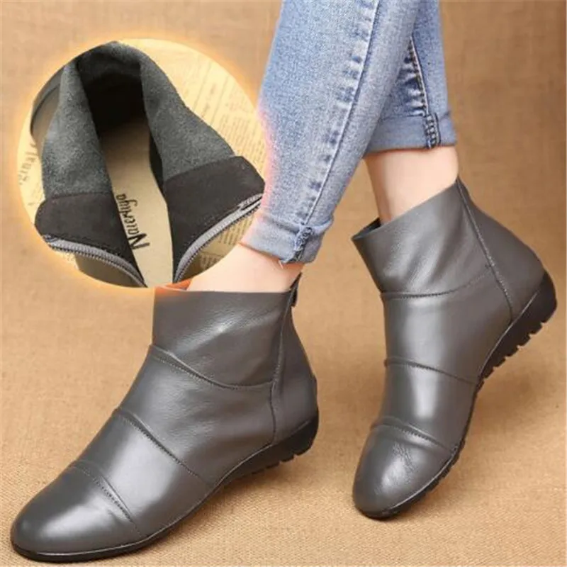 Promotion Top Soft Cowhide Single Boots Autumn Ankle Flat Sole Non-slip Casual Shoes Warm Winter Women | Обувь