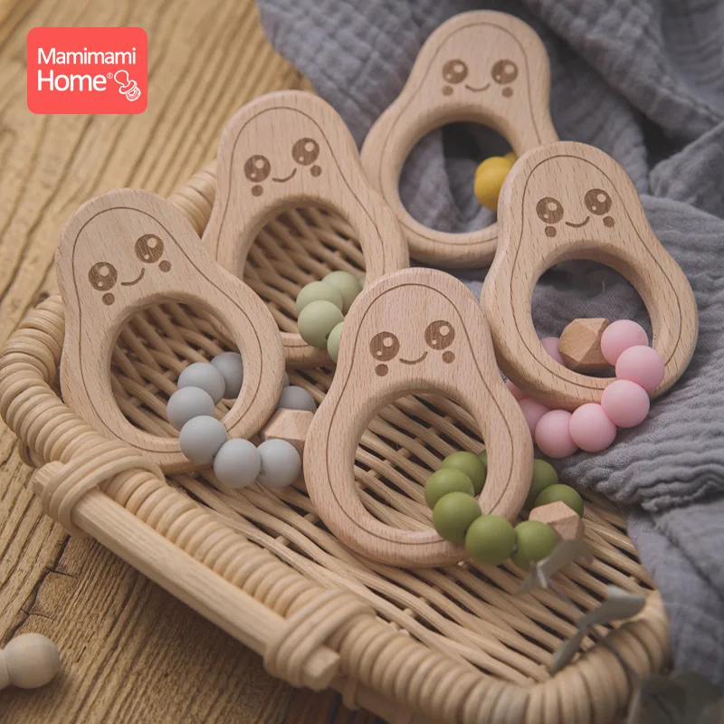 

1pc Baby Teether Wooden Avocado Beads Rattle Nursing Bracelet BPA Free Silicone Teething Beads Baby Beech Rattles Nurse Gift Toy