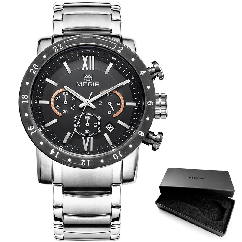 MS3008G-Silver black Megir модные кварцевые часы для мужчин водонепроницаемые светящиеся наручные часы Мужские часы с большим циферблатом 3008 - Цвет: MS3008G-Silver black