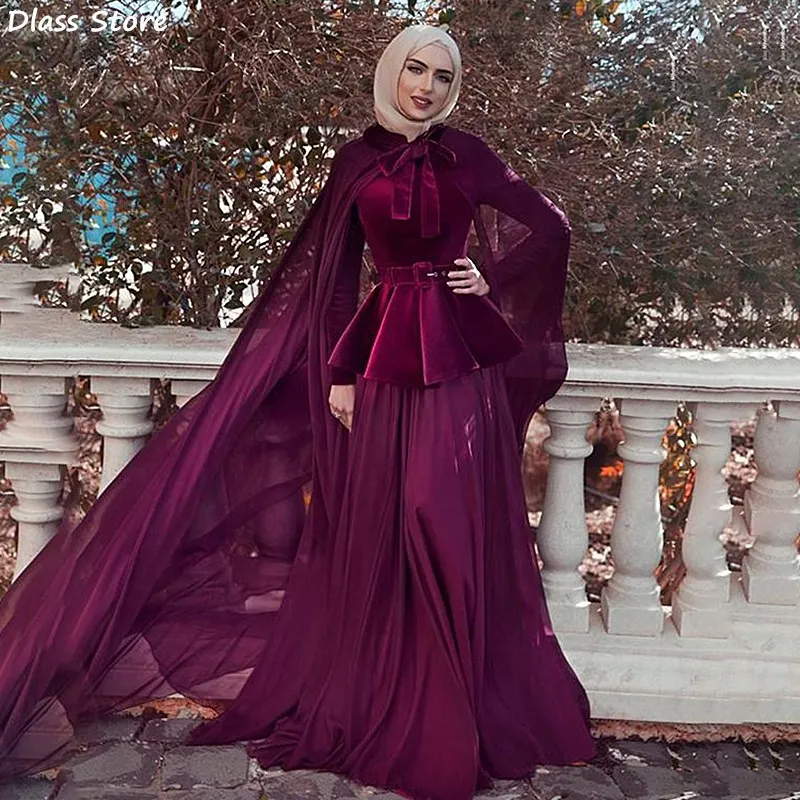 

Dark Grape Purple Evening Dress A-line Chiffon Long Sleeves Muslim Floor Length Elegant Cape Prom Dress вечернее платье