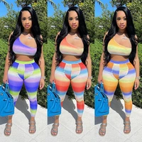 fall clothes for women rainbow sexy tights pants and one shoulder crop tank top vest knit bodysuit streetwear 2 piece short set