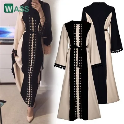 

New Muslim Robe Islamic Clothing for Women Middle East Duibai Arab Ramadan Prayer Lace Polka Stiching Elegant Abaya Belt Dress
