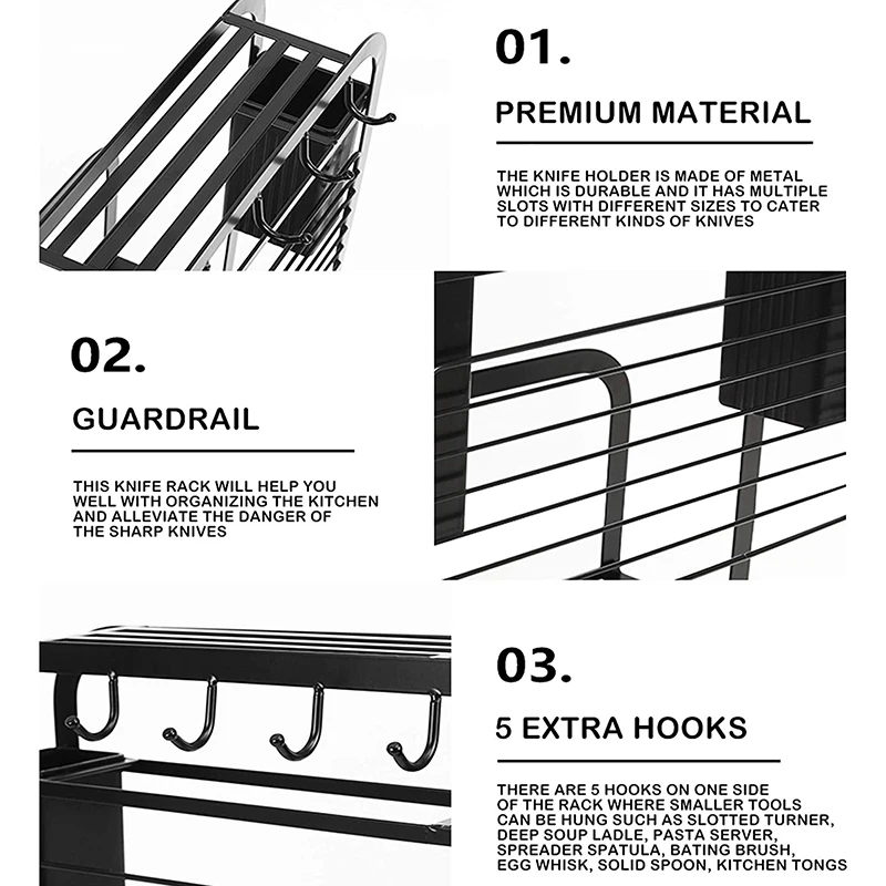 

Knife Holder Cutting Board Holder Chopsticks/Spoon/Fork Drainer Basket Removable Tray With 5 Hooks And 4 Rubber Feet