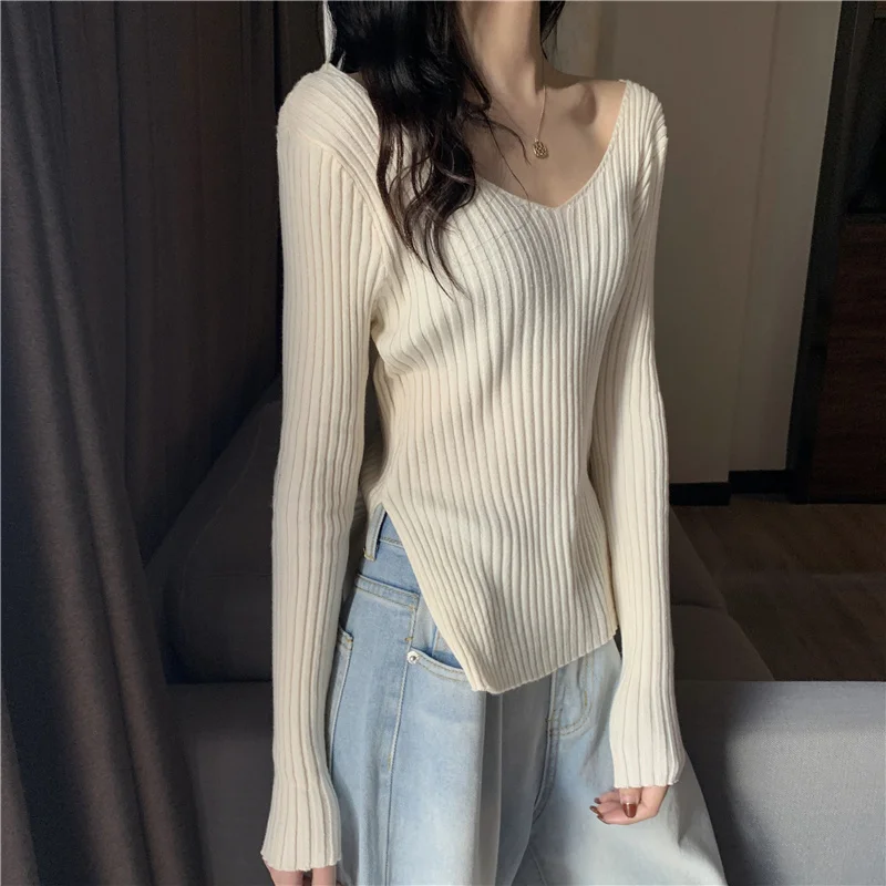 

Early autumn new autumn knitwear slim bottomed blouse women's inner top long sleeve temperament outer wear irregular split