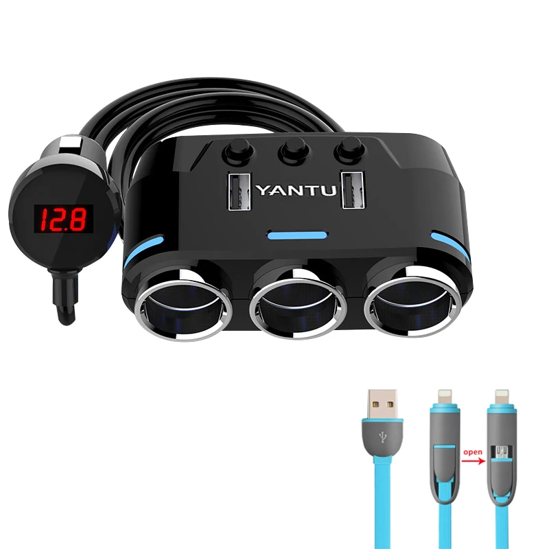with 2 in 1 cable Двойное USB Автомобильное зарядное устройство 3 Way розетка для автомобильного прикуривателя Разветвитель зарядное устройство DC 12~ 24 В прикуриватель розетка светодиодный дисплей напряжения - Название цвета: with 2 in 1 cable