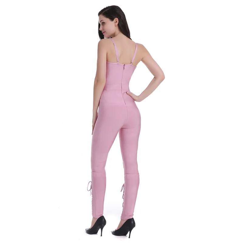 

High Quality Pink Slip Fashion Weaving Rayon Bandage Jumpsuit Evening Party Cute Jumpsuit