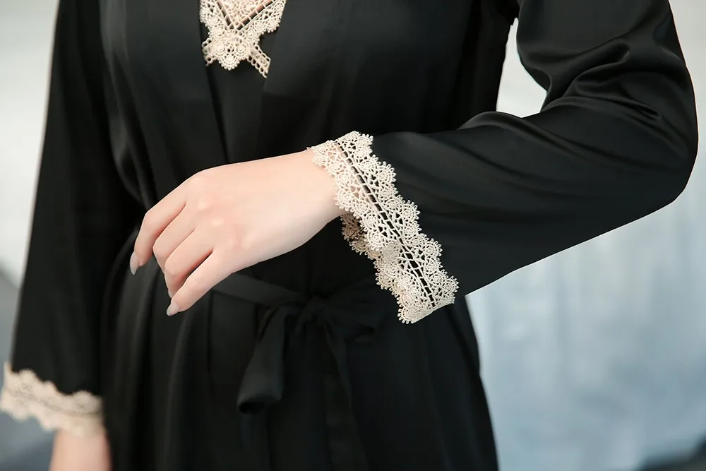 

Sexy Kimono Robe Set Summer New Women Satin Nightgown Bathrobe Gown Sleepwear Lace Home Clothing Novelty Black Nightgown