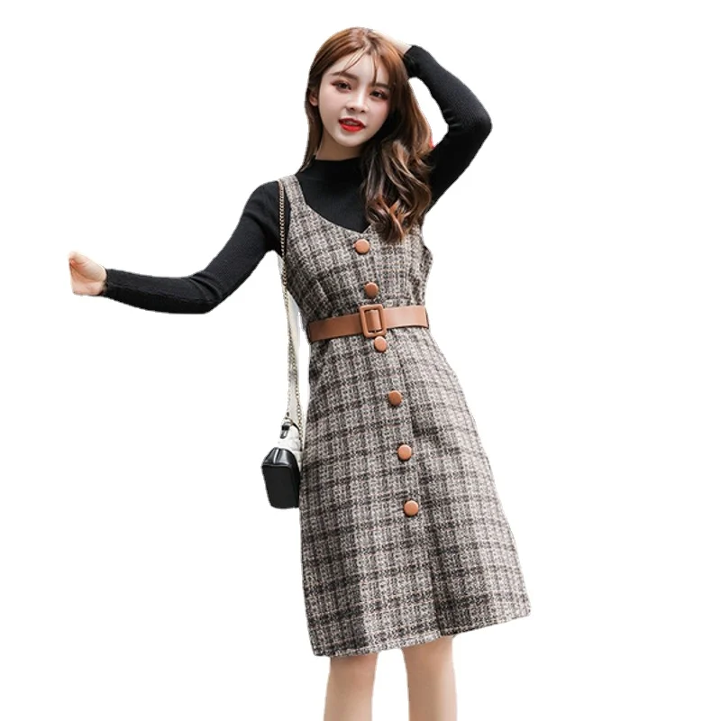 

Женский вязаный свитер и шерстяное платье, черный комплект из 2 предметов и шерстяное однобортное клетчатое ТРАПЕЦИЕВИДНОЕ твидовое платье...