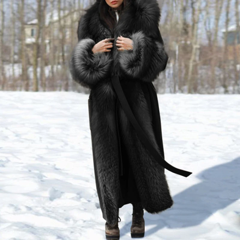 Sungtin Winter Warm Long Faux Fox Fur Coat Women with Belt Collar Lapel Casual Thick Jacket Female 5XL Fashion Clothing Chic | Женская