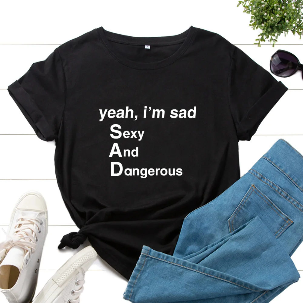 

Summer Cotton T Shirt Plus Size 5XL I'm Sad Letter Print Tees Tops Simple Shirts Short Sleeve O-Neck Casual Tshirts for Women