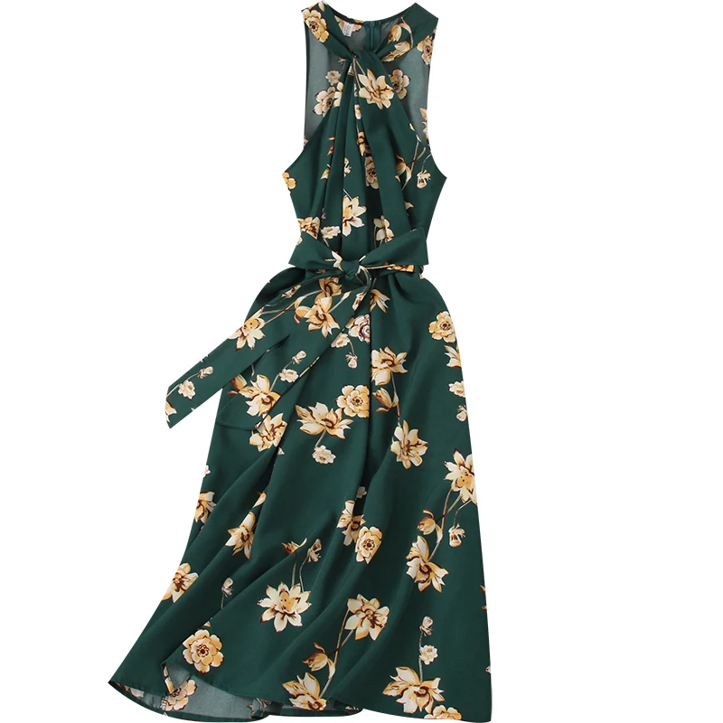 

YIZZHOY Summer New Vintage Slim High Waist Sleeveless Beach Chiffon Dress Holiday Style Floral Print Strapless Lace-up Dresses