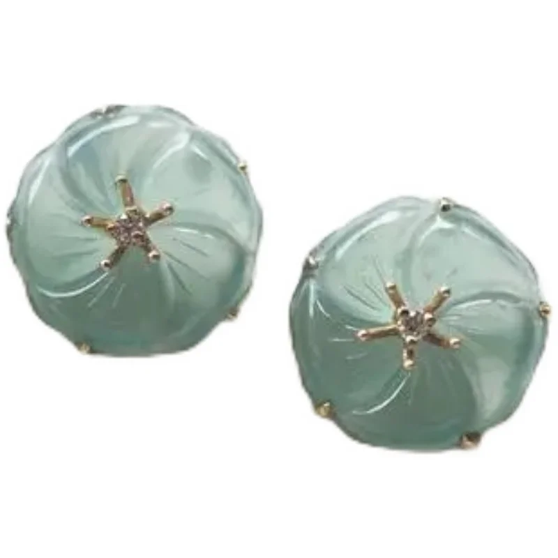 

High Quality Ice Jadeite Jade Chalcedony Flower Stud Earrings Sunny Water S925 Sterling Silver Gold Inlaid Earrings Women's