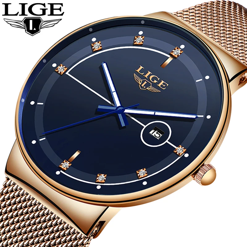 

LIGE Fashion Mens Watches Top Brand Luxury Ultra Thin Quartz Watch For Men Mesh Strap Waterproof Gold Watch Relogio Masculinos