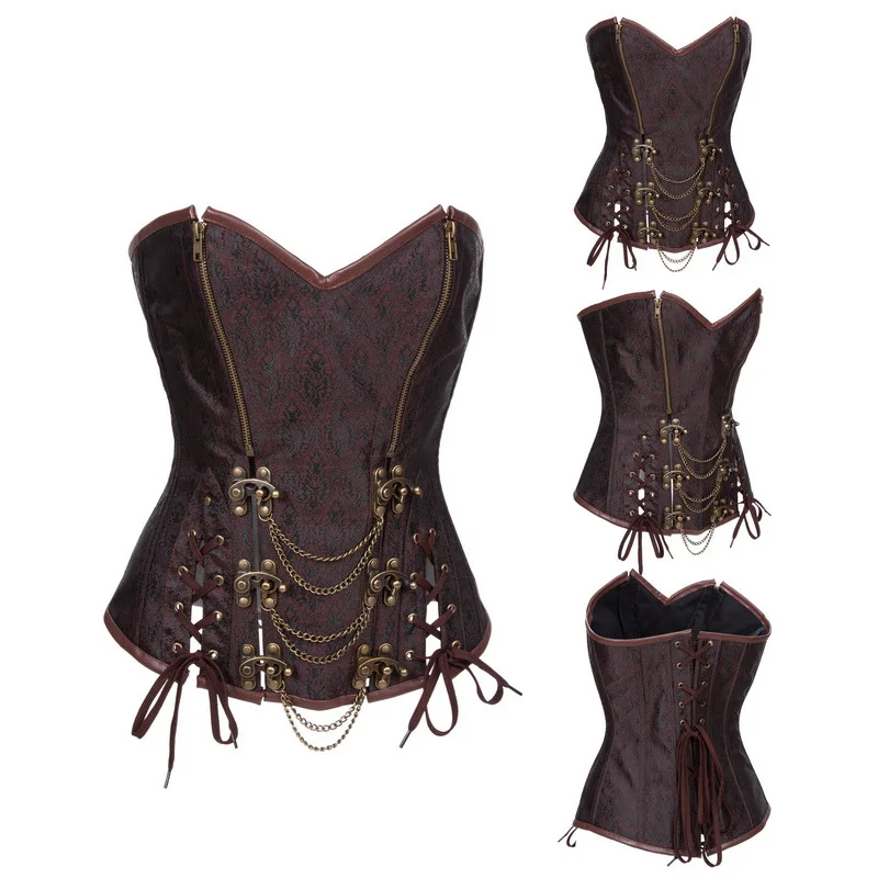Steampunk Brown Brocade Punk Corset Top Chain Lace Up Overbust Corselet Sexy Lingerie Gothic Clothing Bustier Korsett For Women