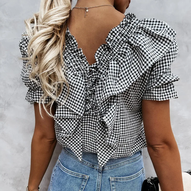 

Women Clothing Sexy Double V Neck Ruffle Blouse Elegant Fashion Plaid Print Puff Shoulder Shirts Spring Summer Lady Casual Tops