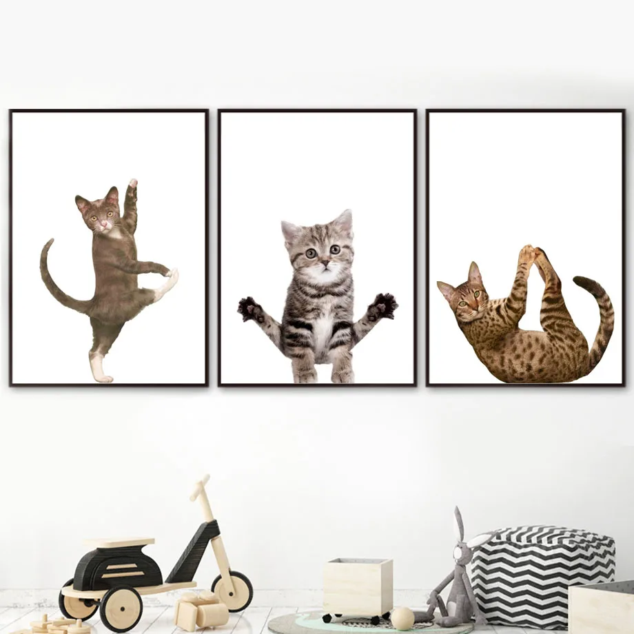 Настенная Картина на холсте с забавным котом гимнастикой котенком скандинавские