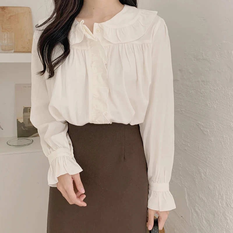 

Chemisier Femme Ruffles Shirts Woman Butterfly Sleeve Long Button Blouse Women Clothes 2020 New Blouses Casual Beige Shirt Femme