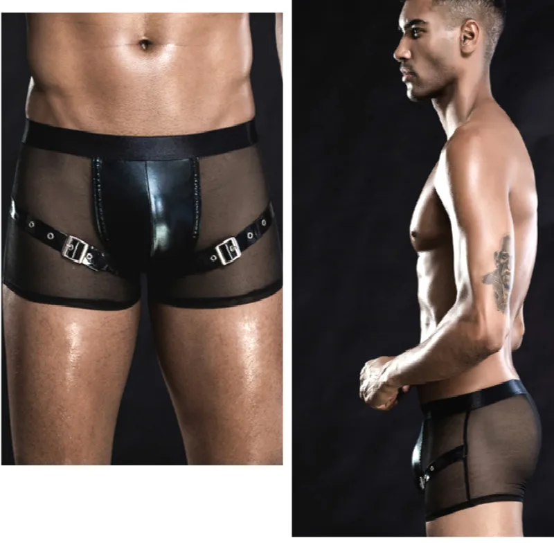 

Hot Mens Latex Booty Shorts Underwear Sheer Fishnet Splice Wetlook Leather Zip Up Boxer Shorts Sissy Gay Club Pole Dance Costume