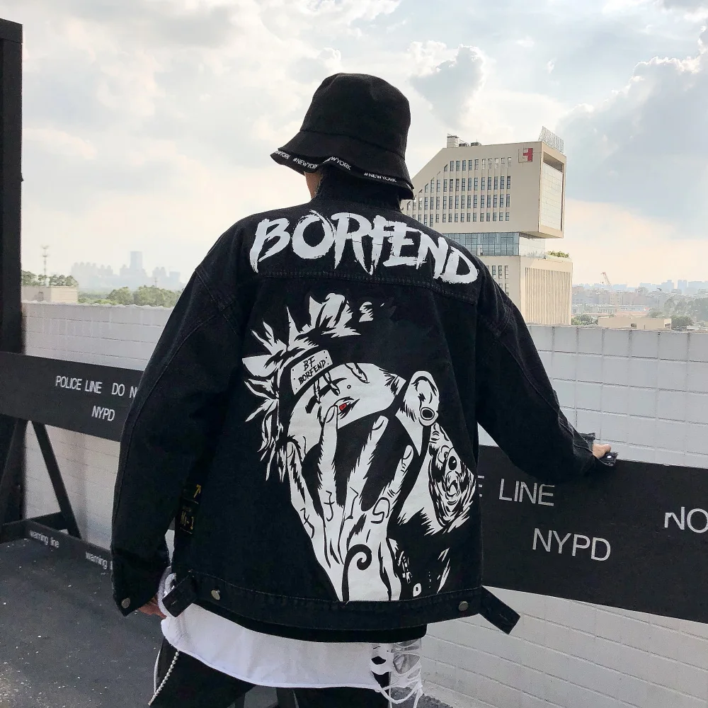 Хип хоп принт граффити мужские джинсовые куртки Уличная 2019 панк джинсы пальто