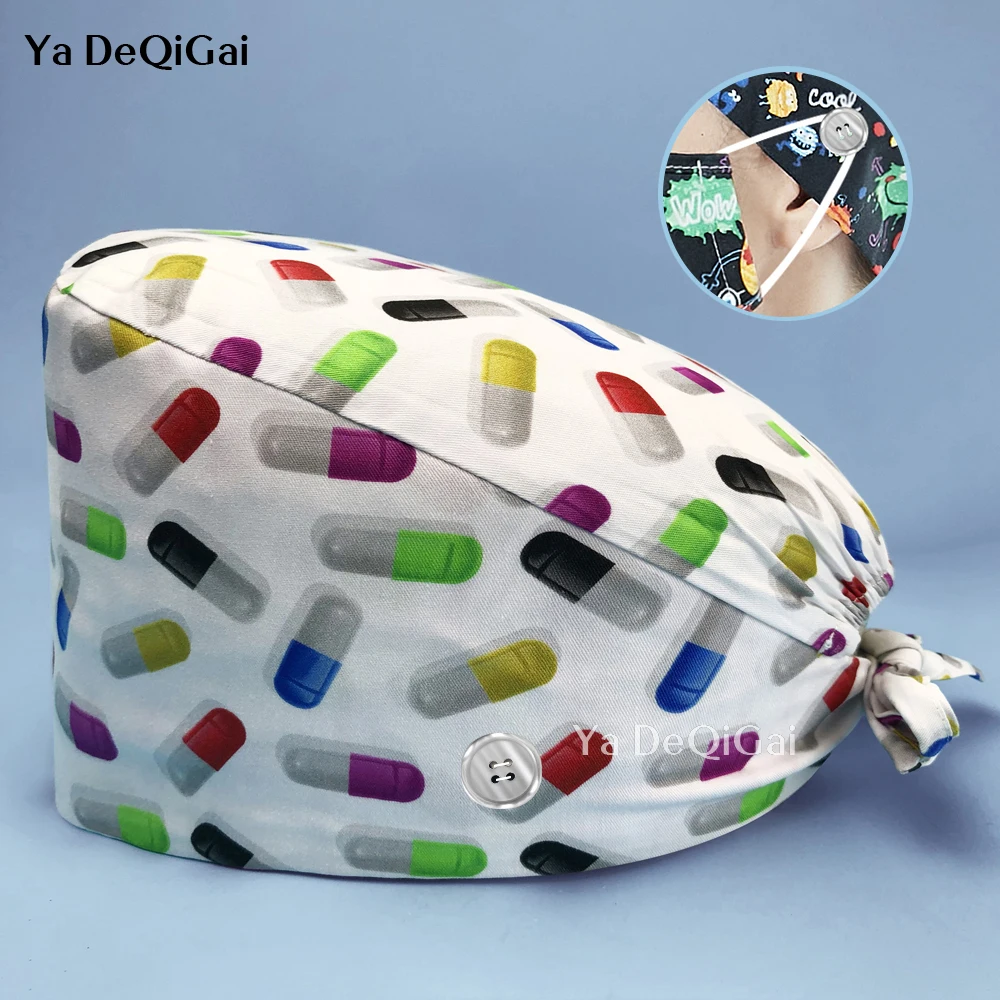 

Adjustable Unisex Cotton Beauty Salon Working Hats with Sweatband Surgical Cap Nurse Accessories High-end Print Doctor Scrub Hat