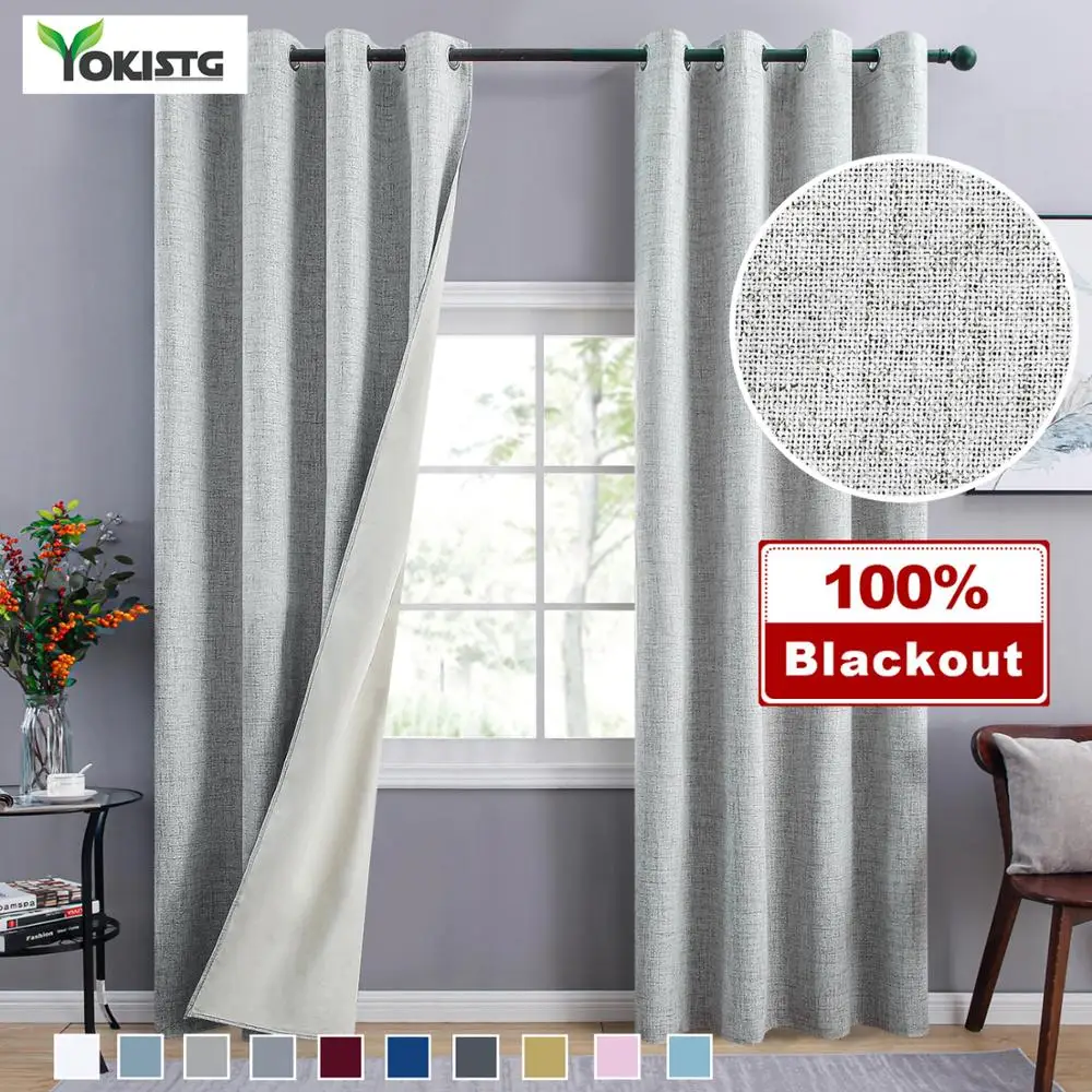 Однотонные льняные занавески YokiSTG 100% затемняющие для гостиной окон в