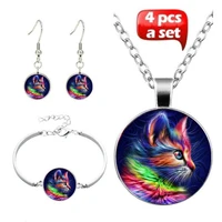 4pcsset new fashion handmade glass witchcraft colorful cute cat pendant choker necklace bracelet earrings for women jewelry