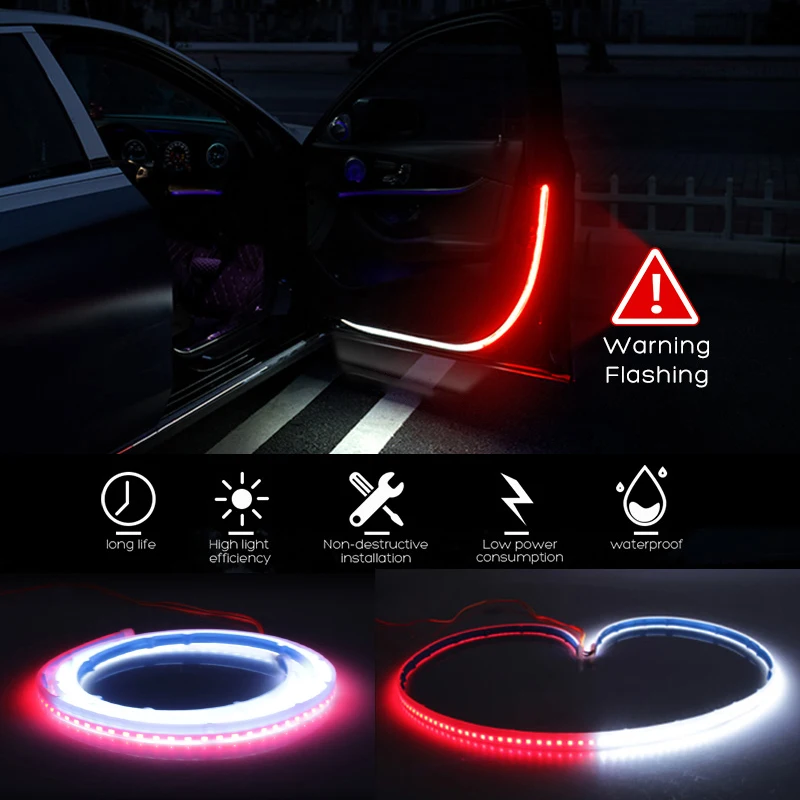 

120cm 2in1 Car LED Door Warning Strip Strobe Flash Lamp Red White Anti-collision Welcome Decorative Light
