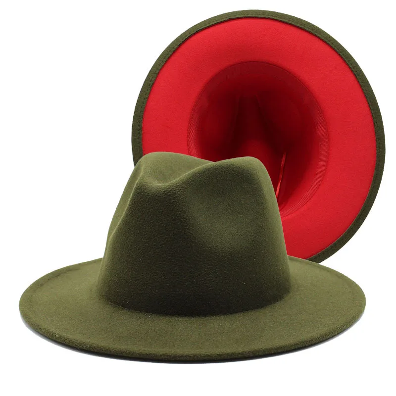 

New Outer Army Green Inner Red Patchwork Wool Blend Vintage Men Women Fedora Hats Trilby Floppy Jazz Belt Buckle Felt Sun Hat