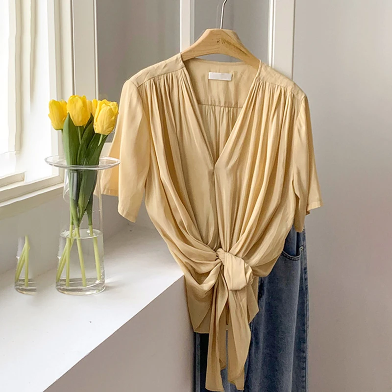 

GALCAUR Yellow Casual Shirts For Women V Neck Short Sleeve Pleated Solid Minimalist Pullover Blouses Summer Fashion Clothes 2021