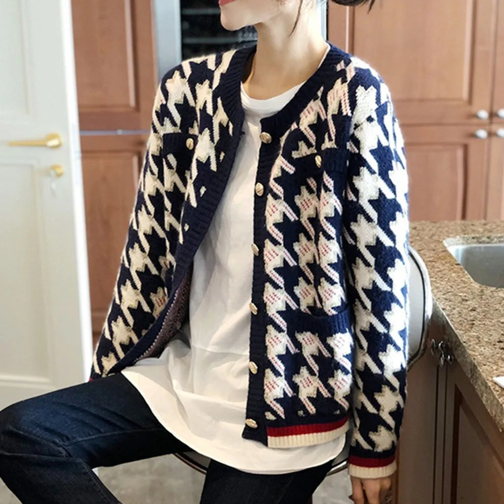 

2021 Women's Autumn New Sweater Cardigan Casual Fashion Style Houndstooth Retro Slim Straight Long Sleeve Round Neck Top