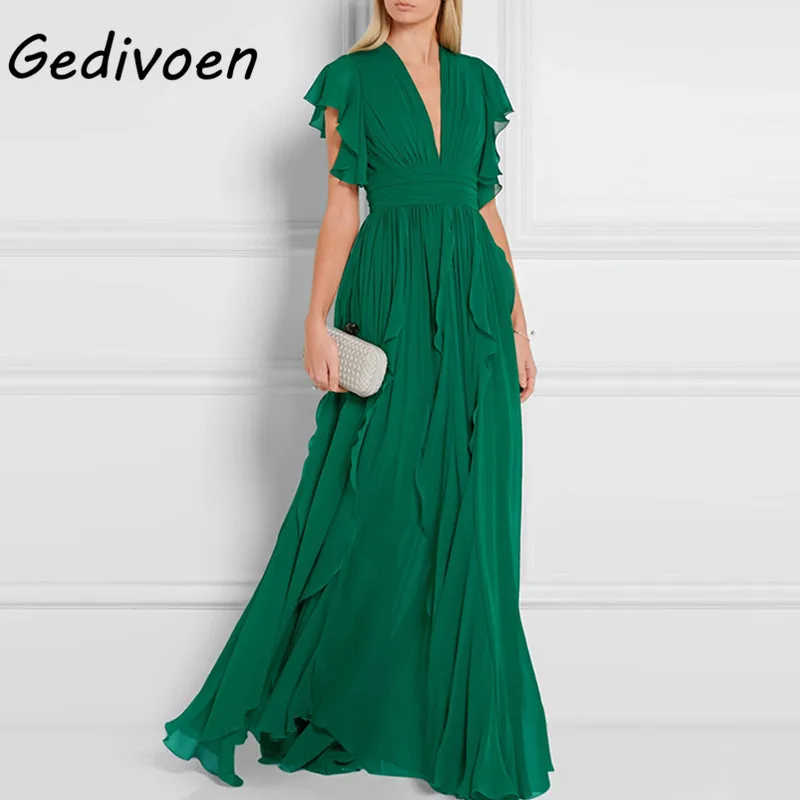 

Gedivoen Retro Green Women Dress V-Neck Sleeveless Ruffles Folds Ankle-Length Dresses Female Fashion New