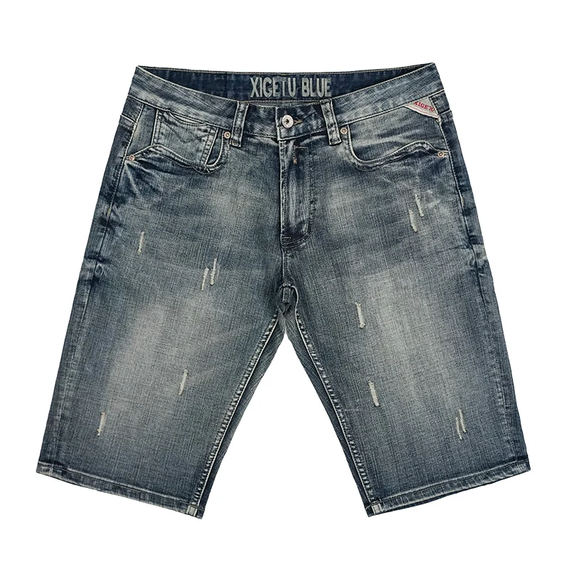 European American Summer Fashion Men Jeans Retro Gray Blue Distressed Wash Ripped Short Jeans Men Vintage Designer Denim Shorts