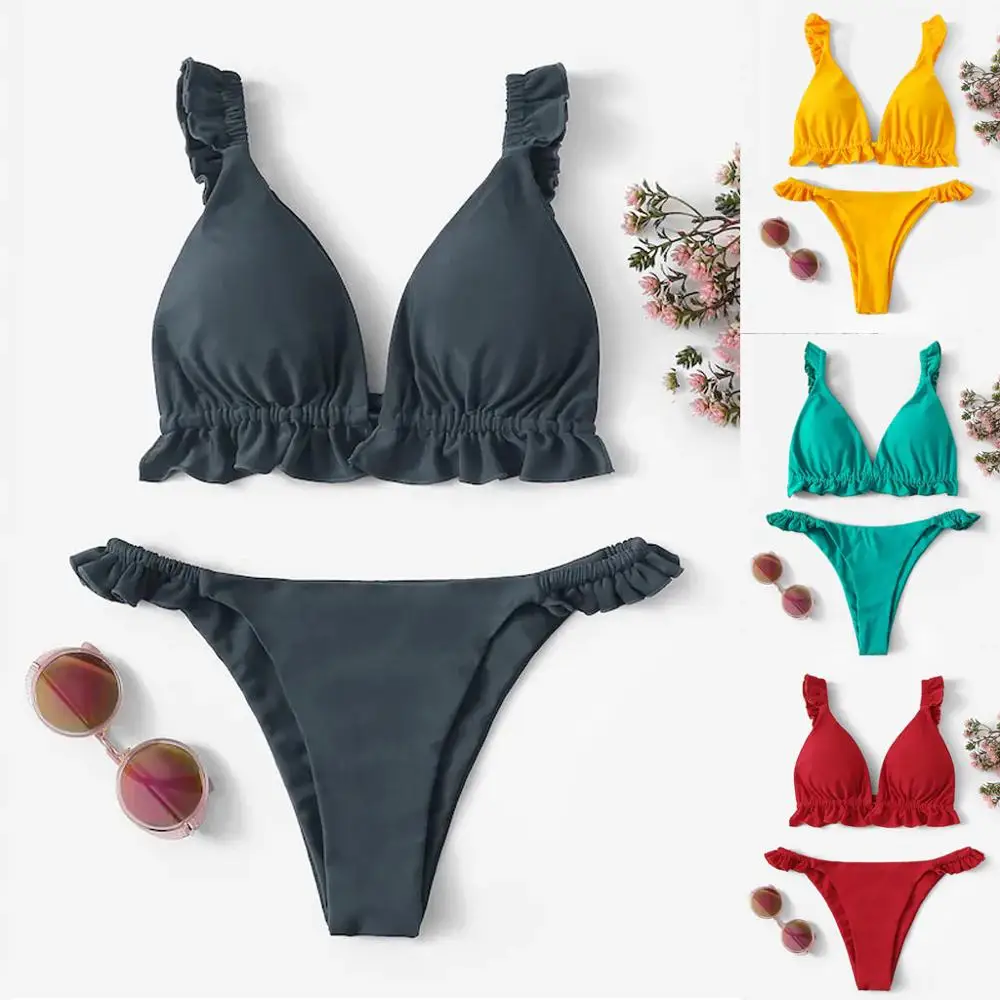 Топ с оборками халтер стринги сексуальный комплект бикини из 2 предметов танкини