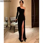 HONGFUYU простое черное вечернее платье на одно плечо с длинным рукавом эластичные атласные платья с Боковым Разрезом вечерние платья макси для выпускного вечера