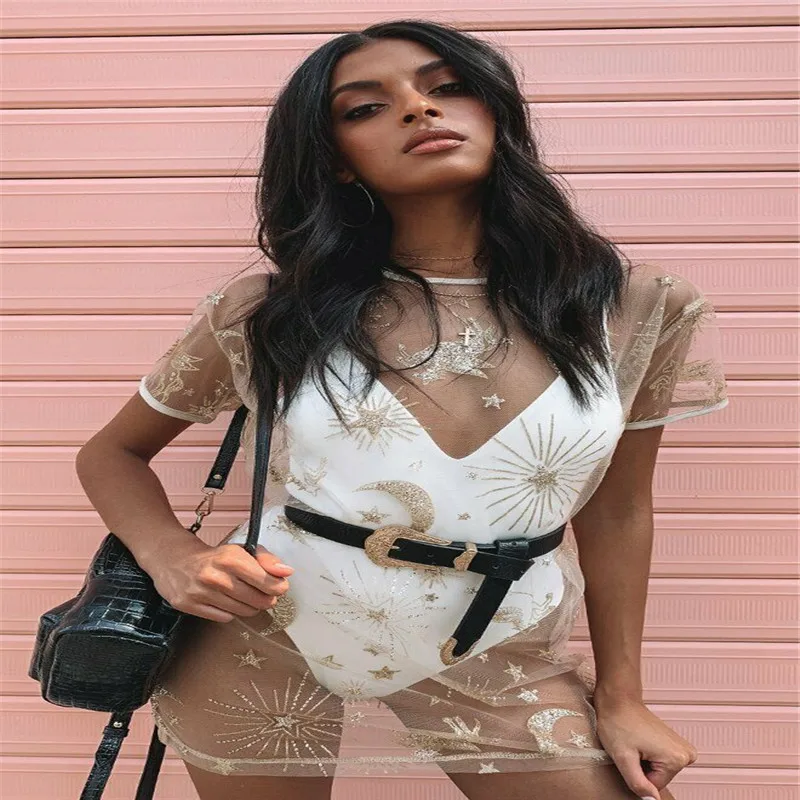 Стильное женское прозрачное Сетчатое пляжное платье-накидка с принтом звезд