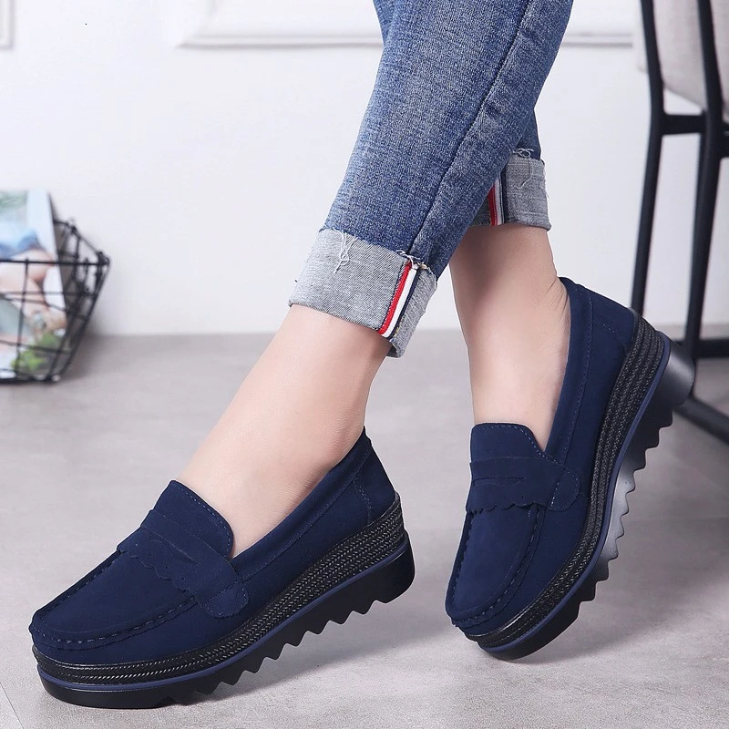 

Women Slip On Flat Shoes Genuine Leather Casual Loafers Nubuck Suede Platform Sneakers Ladies Shallow Wedge Footwear Plus Size