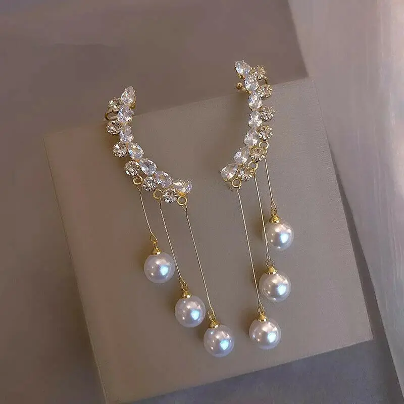 

Fashion Temperament Earrings Zircon Tassel Long Pearl Earrings