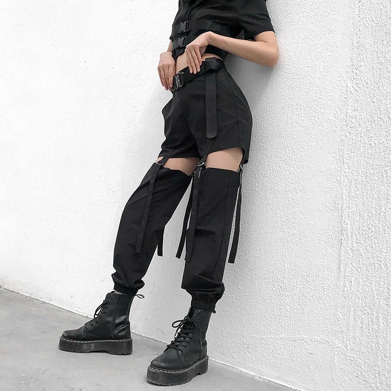 

Hip Hop High Waist Cargo Pants Women Joggers Street Style Trousers Buckle Track Pants Adjustable Hollow Out Pantalon