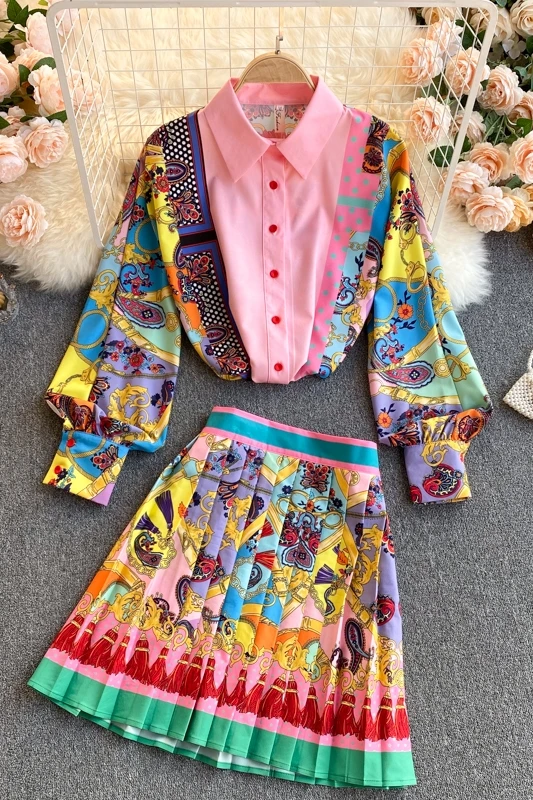 

2021 New Spring Women's Outfits Lapel Puff Sleeve Printed Shirt High Waist Slim Pleated Skirt 2 Piece Bohemian Skirt Sets Girls