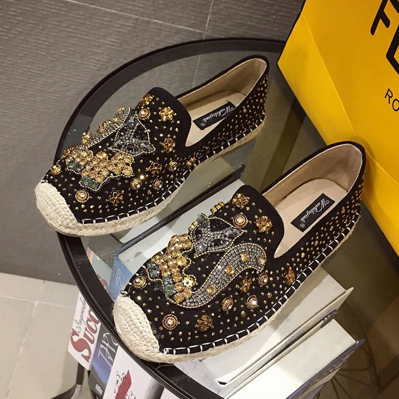 101Black Fashion Hemp Loafers Women Espadrilles Flats Shoes Sewing Rhinestone Round Toe Ladies Casual Moccasins Slip On Brand Style New - Цвет: 101Black