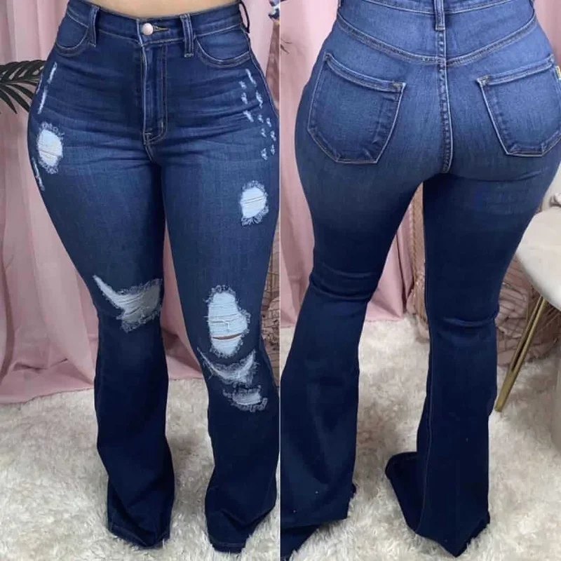 

Autumn Women Vintage Casual Ripped Bell Bottom Jeans Female Stretch Skinny Flare Jean Mom High Waist Denim Pants Streetwear 2020