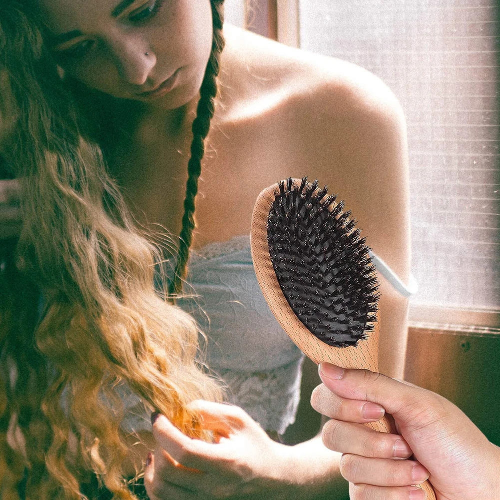 

Massage Hair Scalp Relaxing Anti Static Boar Bristle Comb Paddle Brush Women Hanging Hole Handle Grip Hairbrush