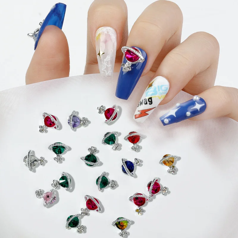 

10 Pcs Alloy Planet Rhinestone Nail Art Decorations Zircon Planet Flat Rhinestone Nail Charms Luxury DIY Decorations Supplies