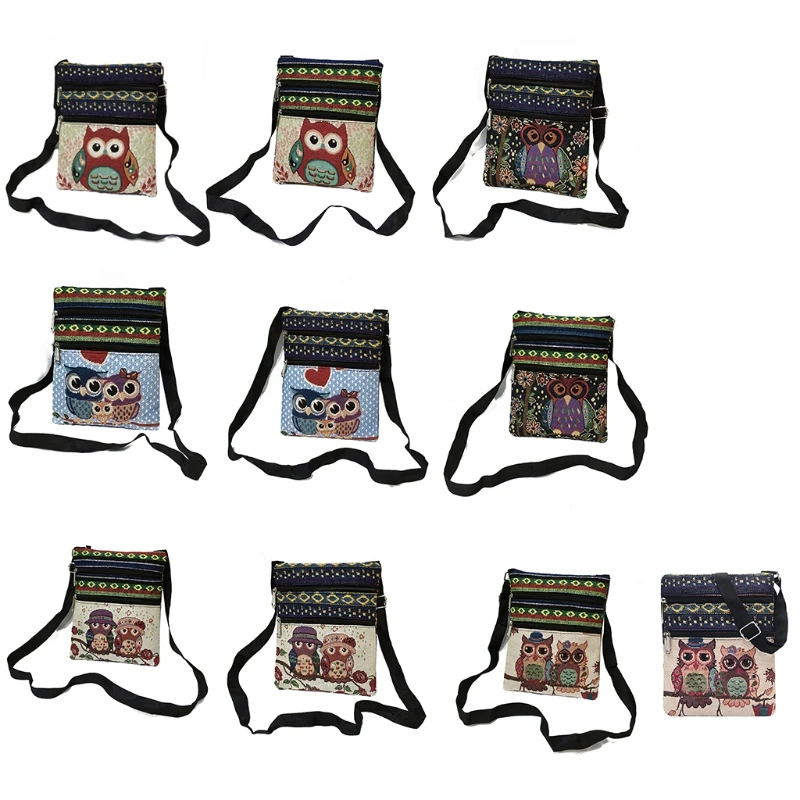 

Women Bohemian Vintage Canvas Shoulder Tote Bag Multicolor Owl Print Double Zipper Ethnic Crossbody Messenger Handbag