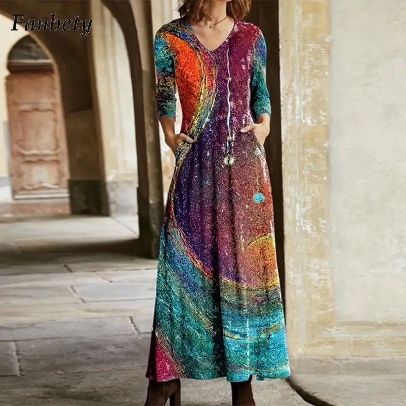 

Women Vintage Pattern Print Maxi Dress 2022 Spring Fashion O Neck Long Dress Autumn Lady Casual Long Sleeve Pocket Dress Vestido